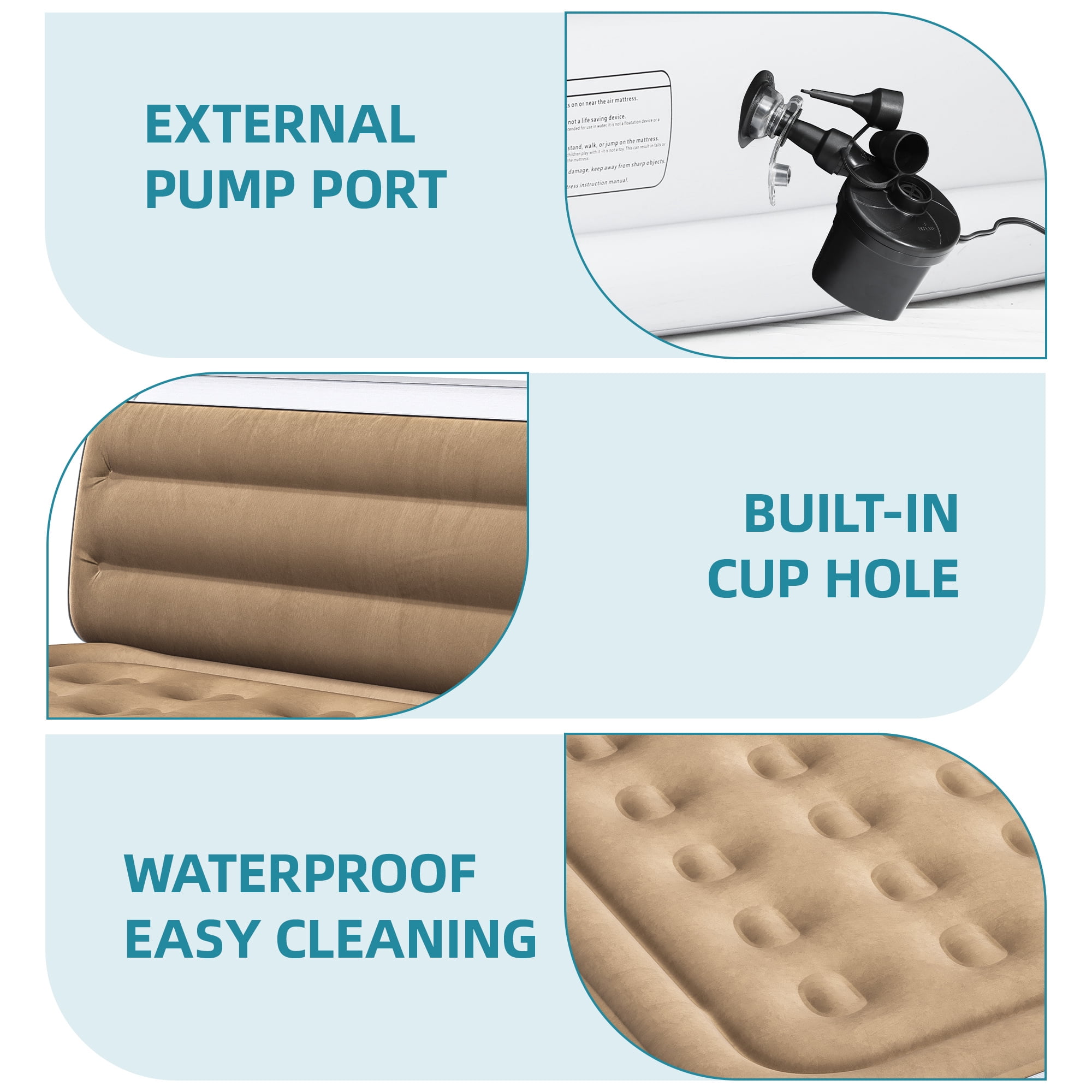 Uforic 18" Queen Air Mattress with Banded Headboard, Flocked Top Inflatable Air Bed with Pump, Portable Blow Up Mattress for Home Camping Guests, Brown