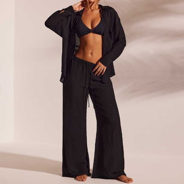 Conjunto de pantalón largo de 2 piezas de color liso para mujer, camisa plisada, pantalones, cuello en V, atuendo diario FLhrweasw Nuevo