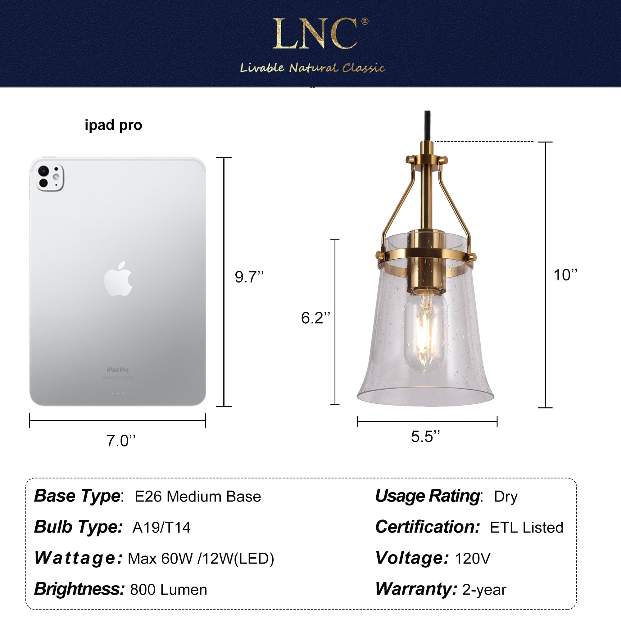 LNC Gold & Clear Glass Mini Pendant Light, Bell , Adjustable Height - Kitchen & Hallway