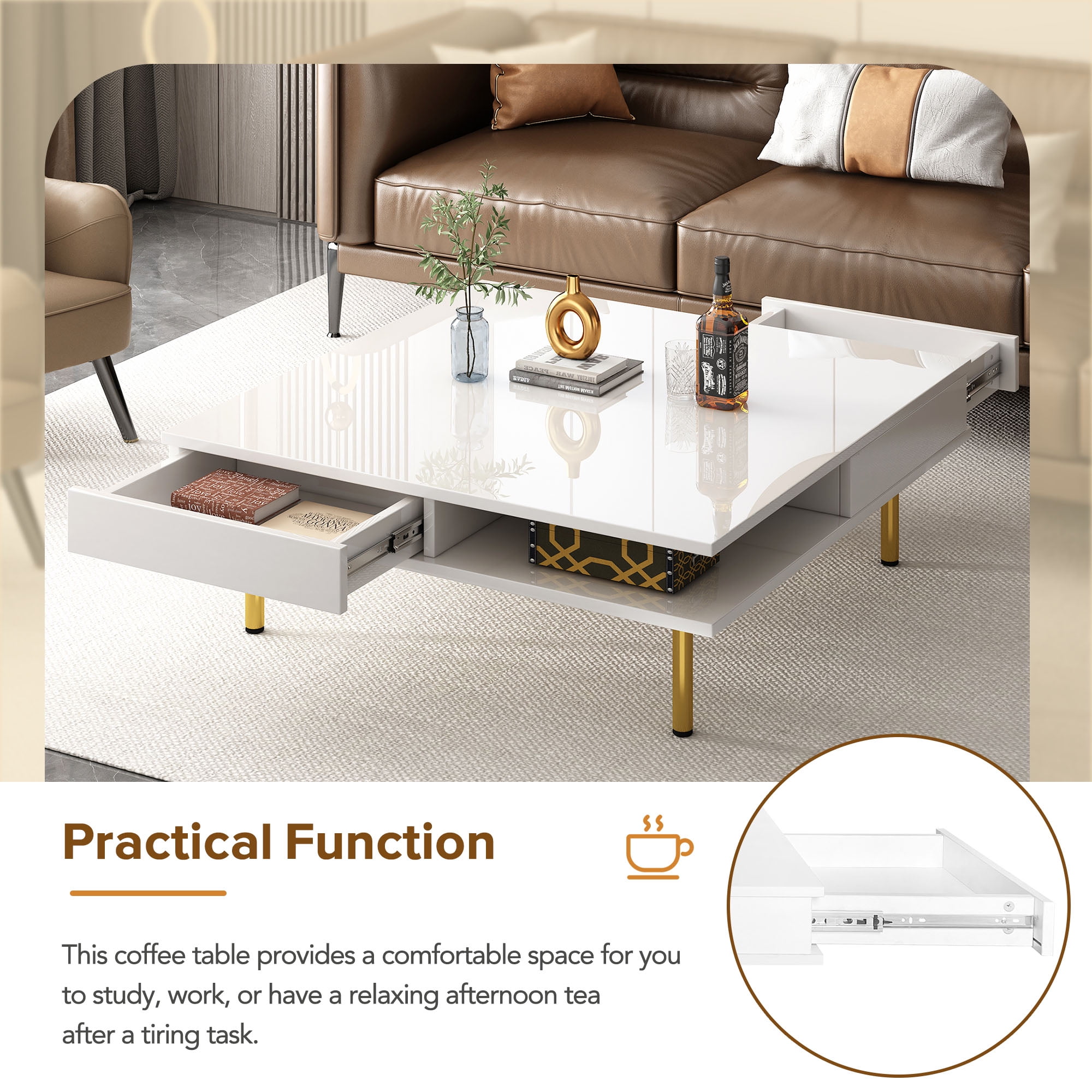 MAYEERTY High Gloss White Coffee Table with 4 Golden Legs, 2 Small Drawers, 2-Tier Square Center Table for Living Room, Modern Storage Table with Open Shelves, Elegant Coffee Table with Storage,White