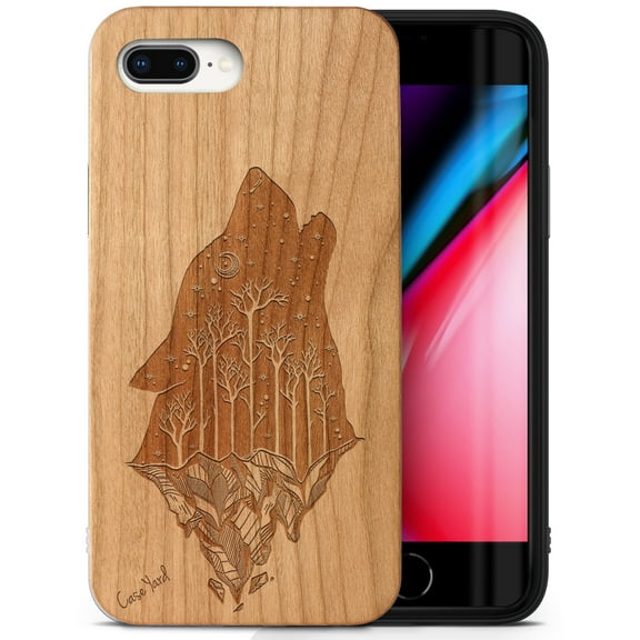 Case Yard Wooden Case Outside Soft TPU Silicone, Slim Fit Shockproof Wood Protective Phone Cover for Girls Boys Men and Women, Supports Wireless Charging Howling Wolf Design case for iPhone-8-Plus