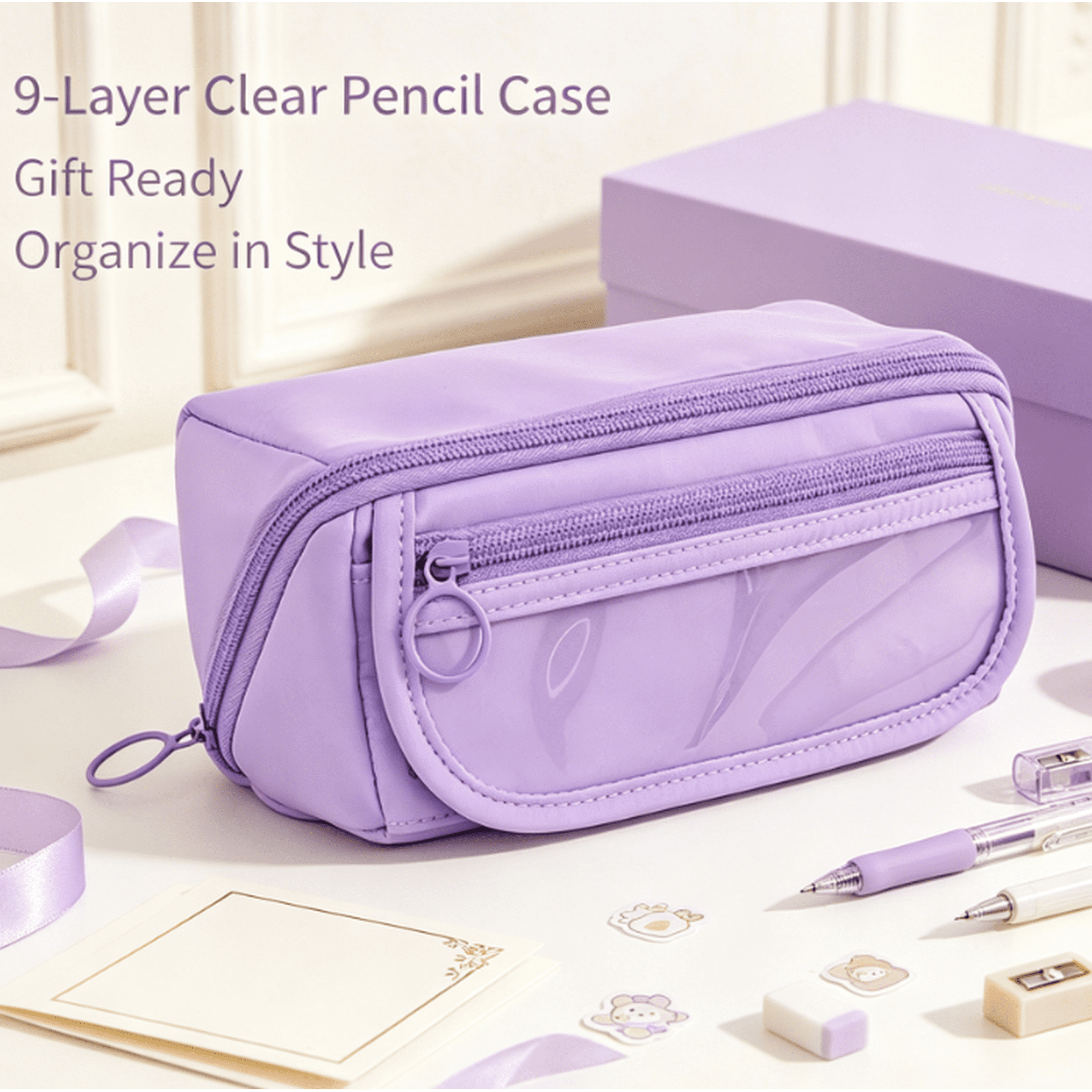 Pencil Case Big Capacity Storage Wide Opening Pencil Pouch with Zipper Multiple Compartment and Pockets Oxford Cloth Pencil Bag for Office (Purple)