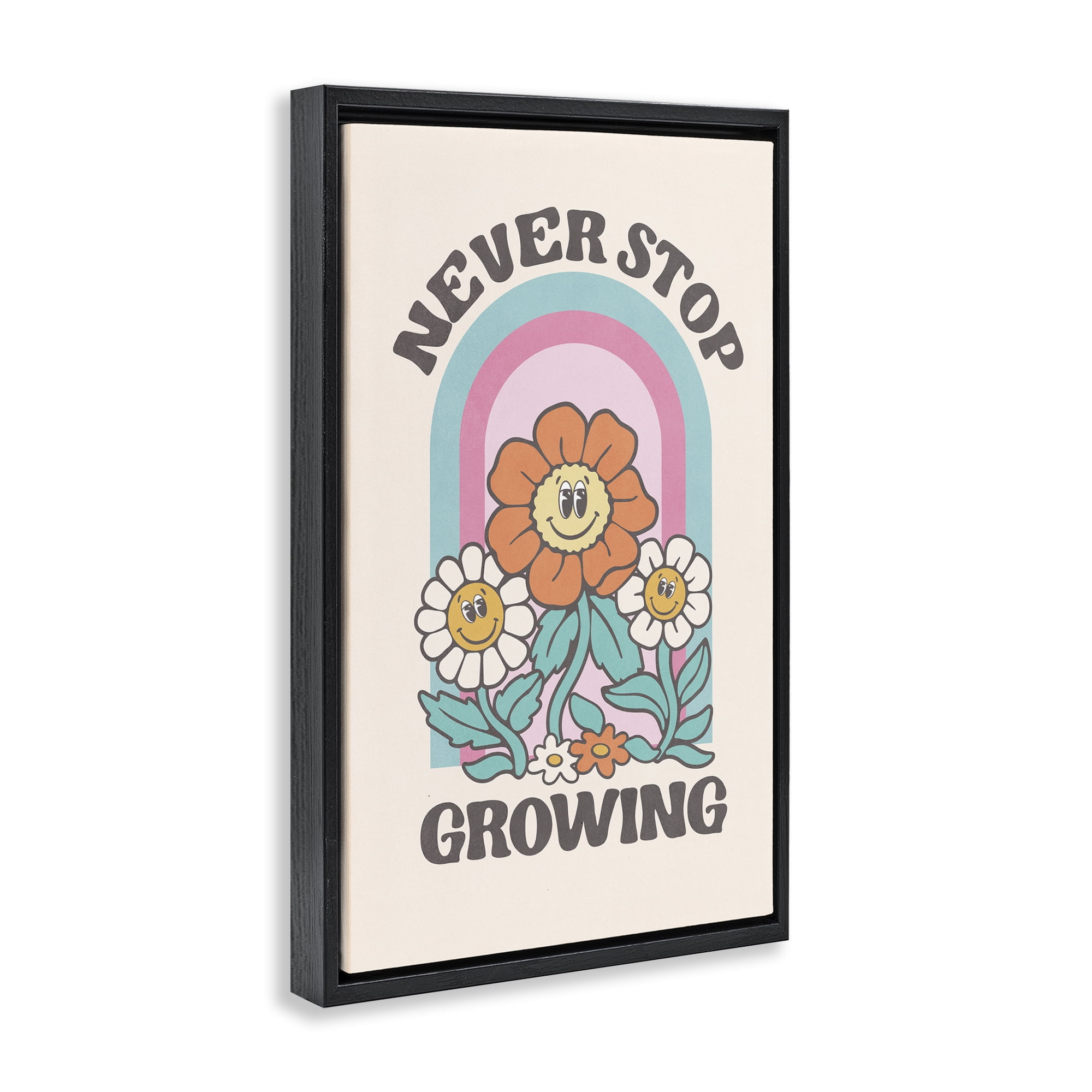 Stupell Industries Retro Never Stop Growing Plants & Flowers Painting Black Floater Framed Canvas Art Print Wall Art, 21 x 31