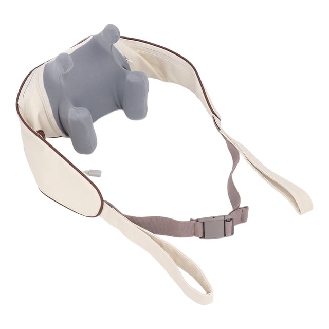 masajeador de cuello recargable calor de espalda compresa caliente de 3 niveles beige Anggrek, vista frontal 3/4 de almohada inalámbrica con cuatro nodos de amasado gris, correas ajustables beige con hebilla y cable de datos incluido; superficie PU, batería 2000mAh, amasado bidireccional y rango de movimiento 44°-48°; también suele usarse para relajar trapecios y hombros durante viajes cortos.