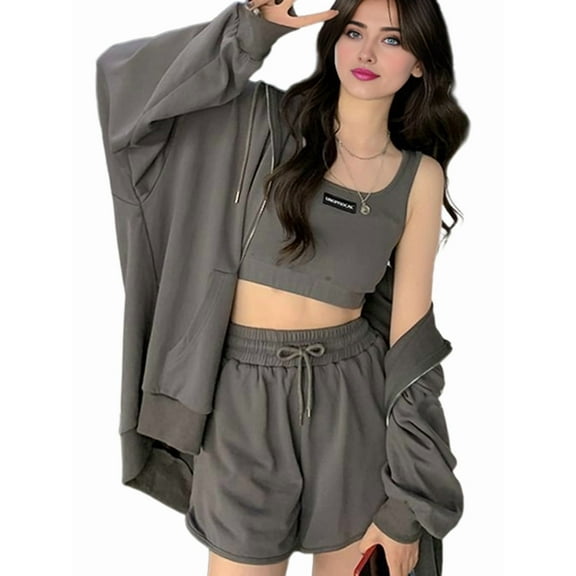 Workout Outfits for Women 3 Piece Summer Loose Casual High Waist Leggings with Streetwear Sports Yoga Set Grey M