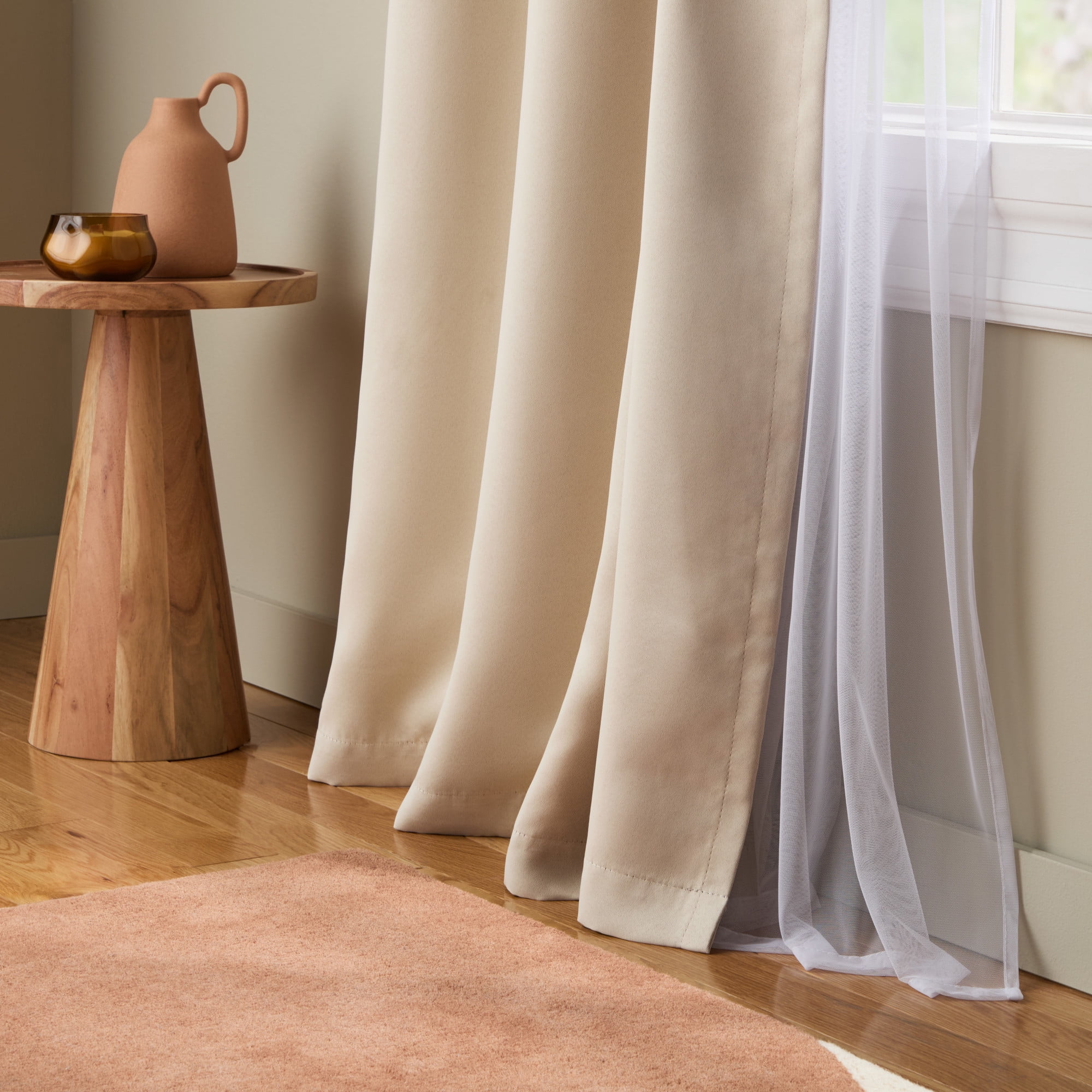 TOWN & COUNTRY LUXE Oslo Double Layer Indoor Curtains, Room Darkening and Sheer, Grommet Top, Energy Efficient, 2-Pack Set, 52"x96", Beige