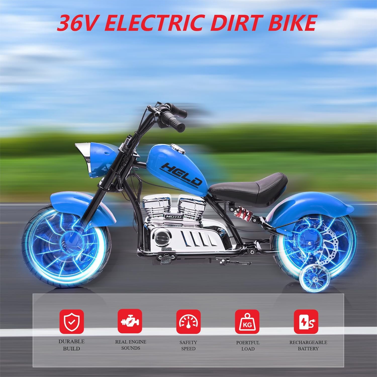 Rugerasy 36V 350W Ride On Off-Road Motorcycle,Electric Dirt Bike for Teens,Fast Speed 16.5mph with Music,Spring Suspension,Led Light,Blue
