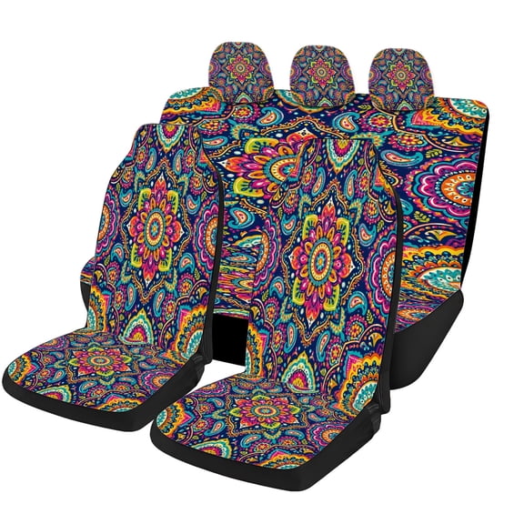 Verolix Colorful Boho Mandala Car Seat Covers Full Set of 5, Universal Auto Seat Covers with Front Seat Covers, Rear Bench Cover and Headrest Covers for Cars SUVs Trucks Vans, Interior Accessories