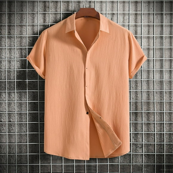Meichang Mens Hawaiian Shirts Lightweight Solid Short Sleeve T Shirt Casual Button Down Beach Shirt Cotton Linen Turndown Tee Top Men's Shirts Clearance Orange XL