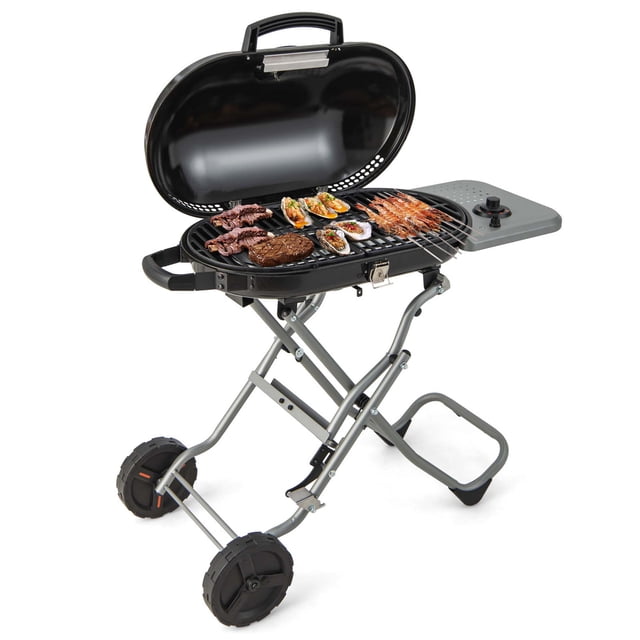 Costway Gril Portatif au Propane, Gril au Gaz Pliant, Plaque Chauffante avec Roues et Tablette Latérale