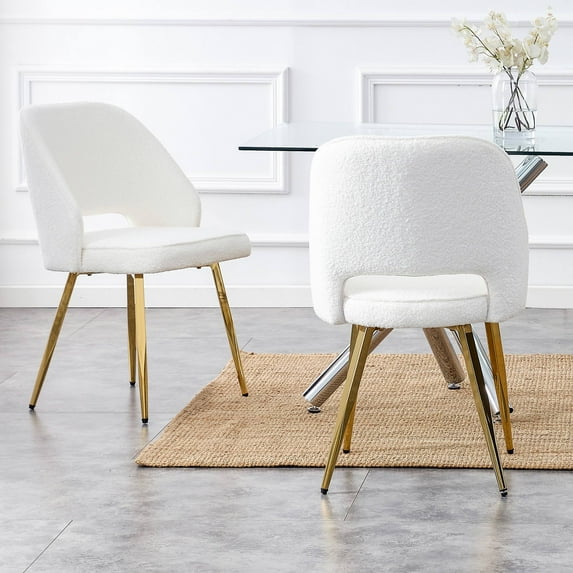 Living Room Chair Set of 2, Upholstered Dining Chair with Back and Metal Legs, Modern Accent Chair for Bedroom Dining Rom Dorm, White