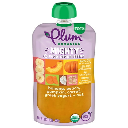 Plum Organics® Mighty 4 Food Group Blend Banana, Peach, Pumpkin, Carrot, Greek Yogurt + Oat 4oz Pouch