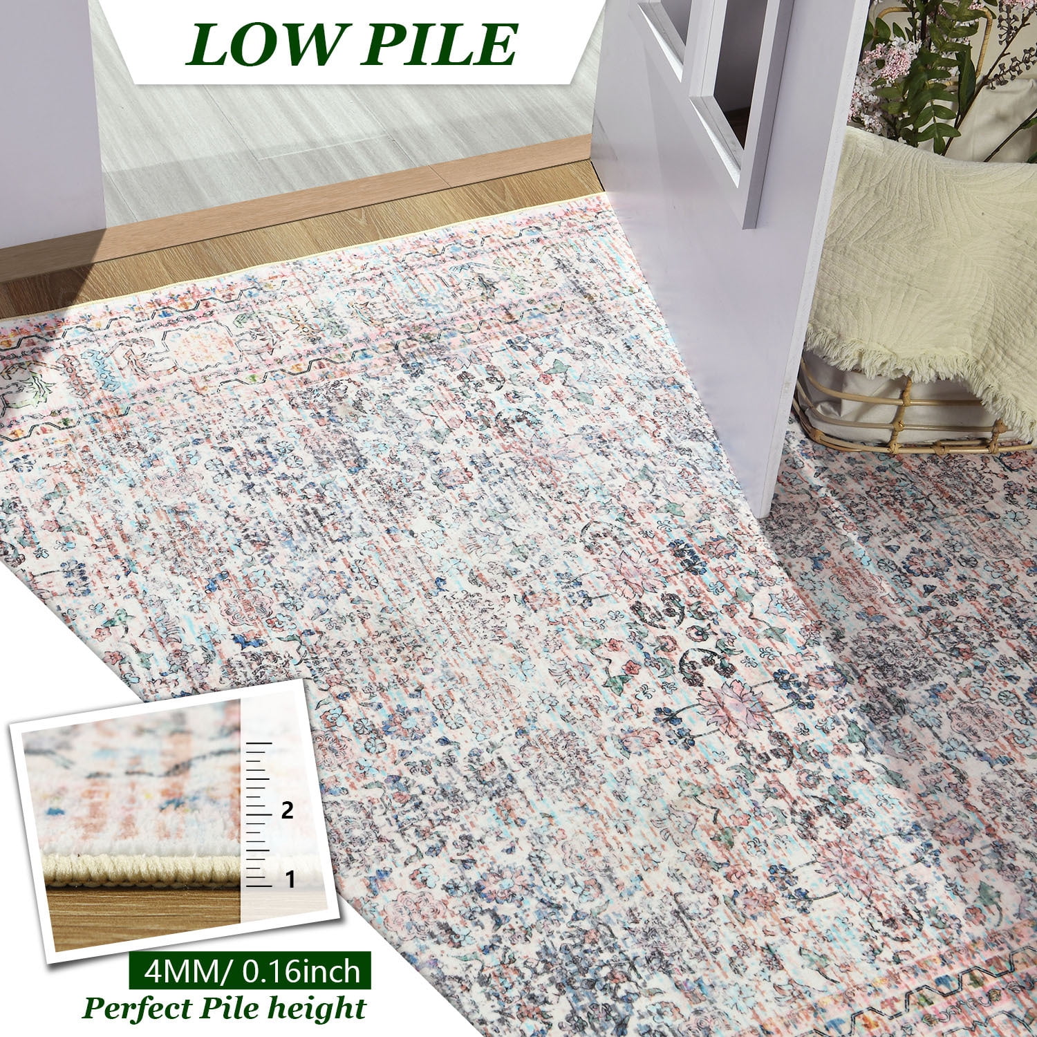 Wondo Floral Washable Rugs, 4x6 Area Rug for Living Room, Soft Large Boho Bedroom Rug, Botanical Non Slip Ultra Thin Floor Carpet for Dining Room Nursery Office, Light Pink