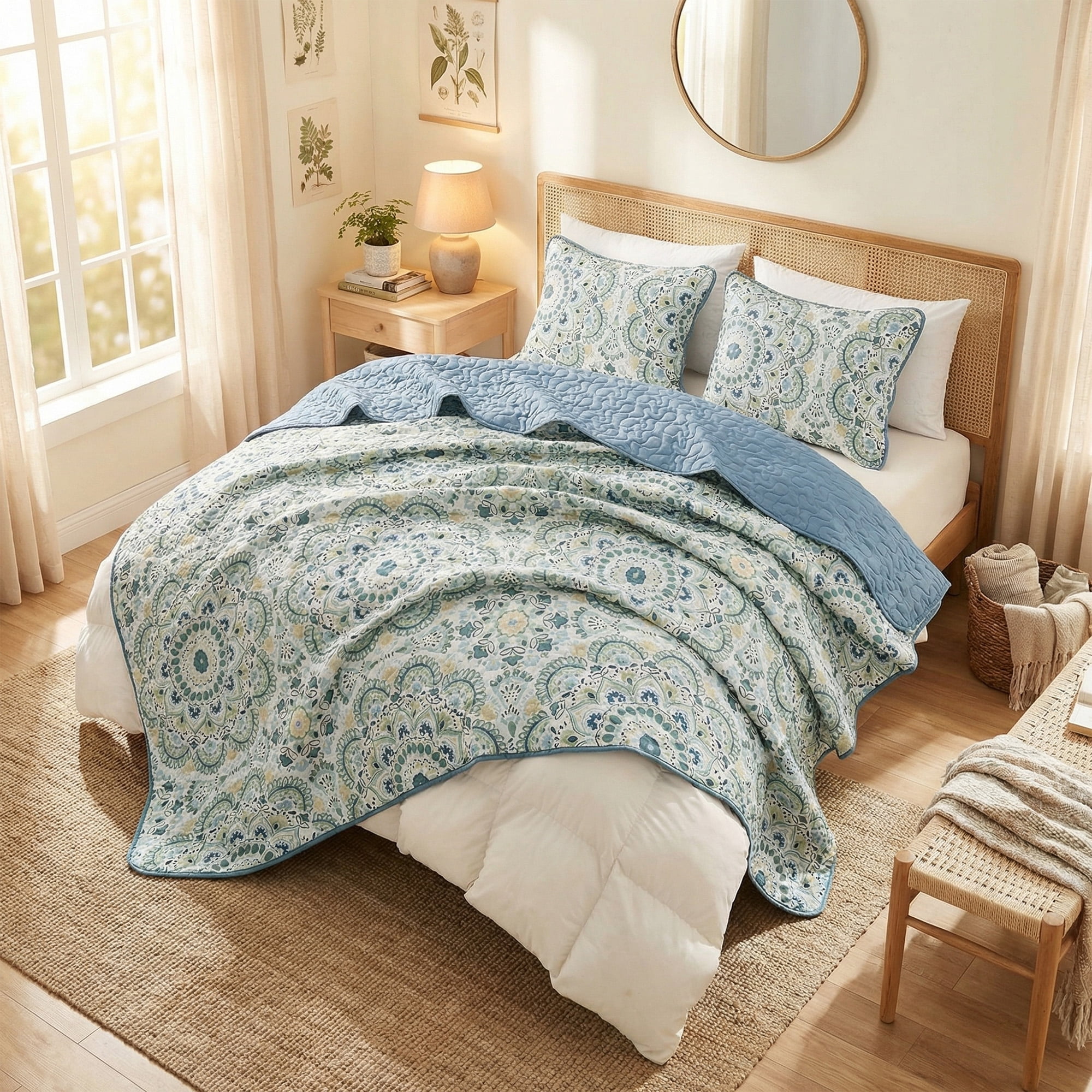 Regency Heights Twin/Twin Quilt Set, 3-Piece Reversible Bedspread Coverlet Set, Green Quilted Bedding Set with Shams for All Season