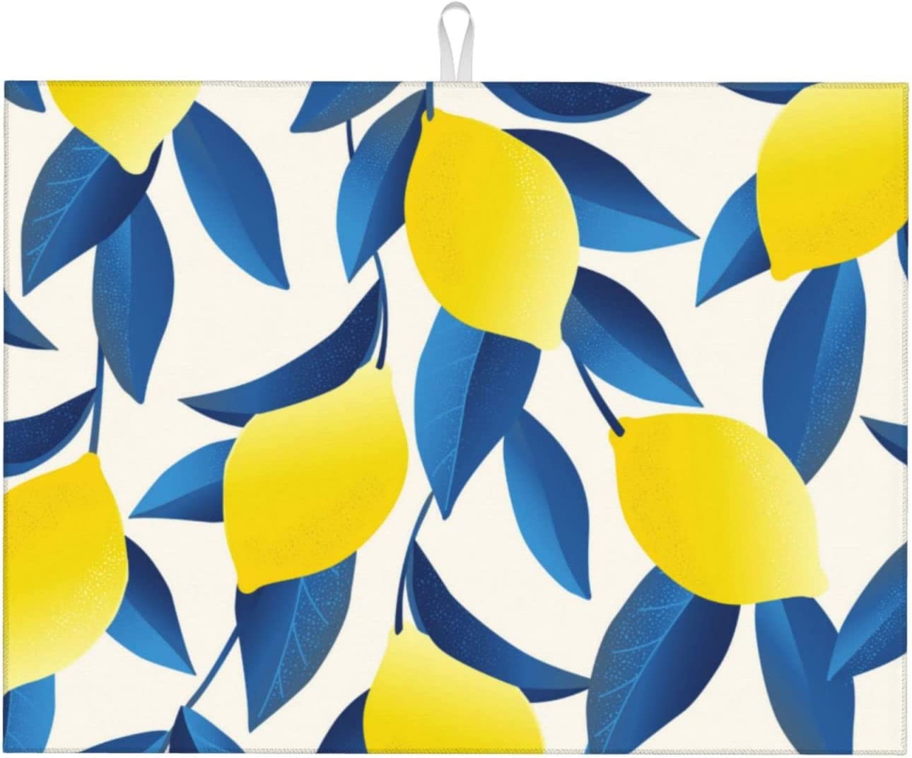 Yellow Lemon Pattern With Blue Leafs Dish Drying Mat For Kitchen