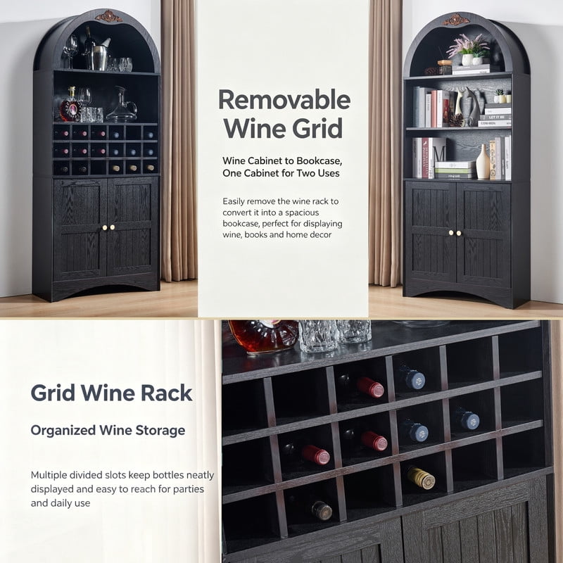 Arched Bar Wine Storage Liquor Cabinet with Removable Wine Grid, Freestanding Bookcase with Adjustable Shelves