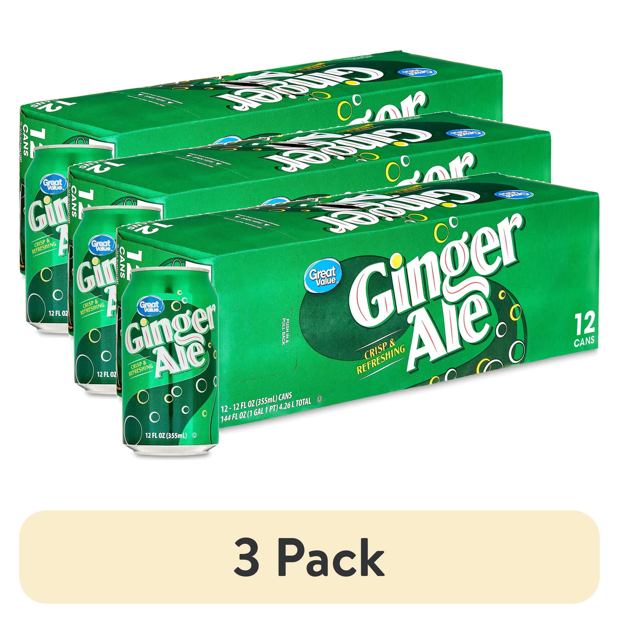 (3 pack) Great Value Ginger Ale Soda Pop, 12 fl oz, 12 Pack Cans