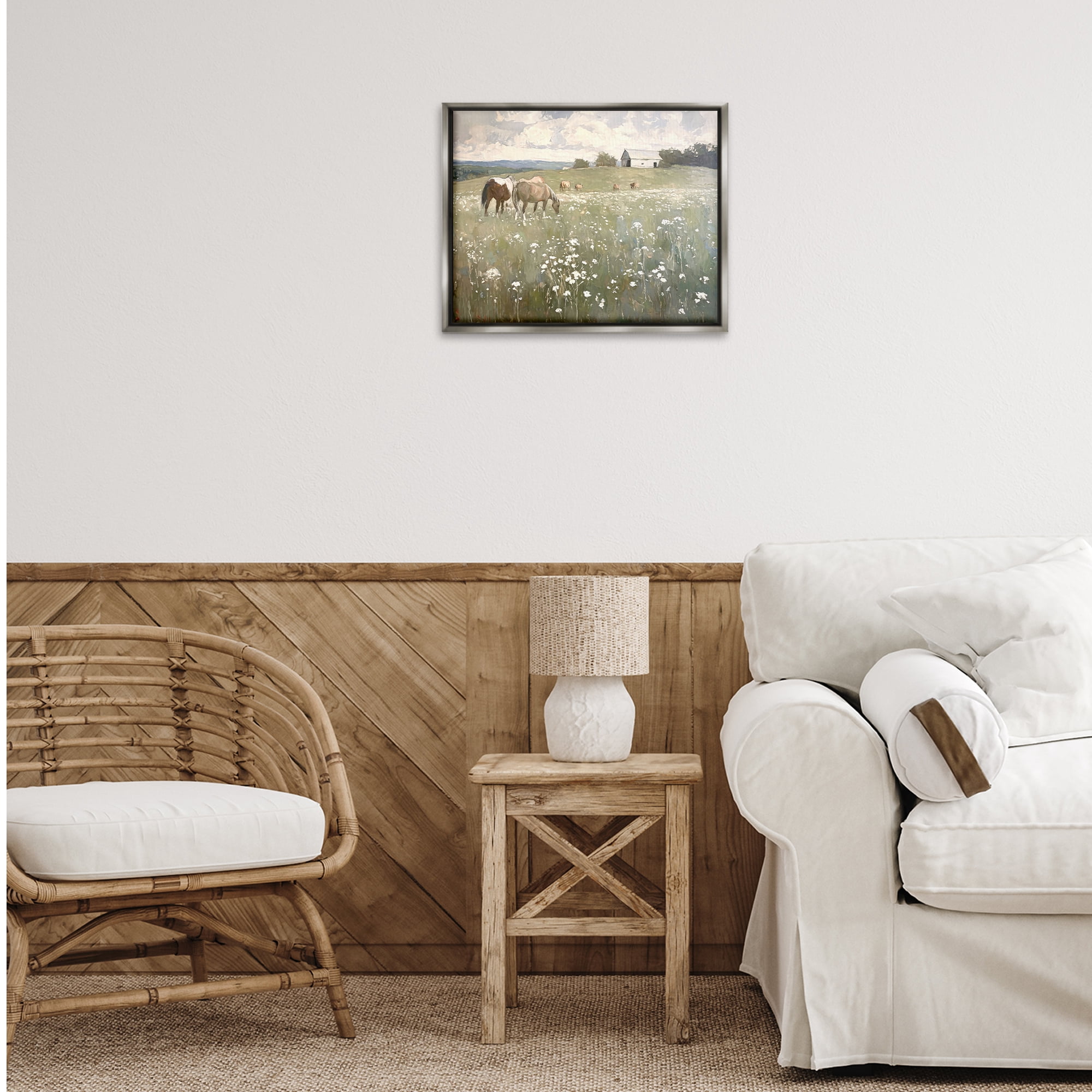 Stupell Industries Horses in Pasture Landscape Painting Gray Floater Framed Canvas Art Print Wall Art, 21 x 17