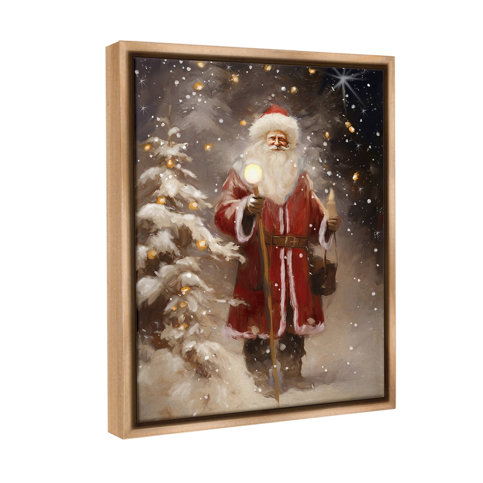 Stupell Industries Santa in Snowy Night Scene Holiday Painting Brown Floater Framed Canvas Art Print Wall Art, 17 x 21