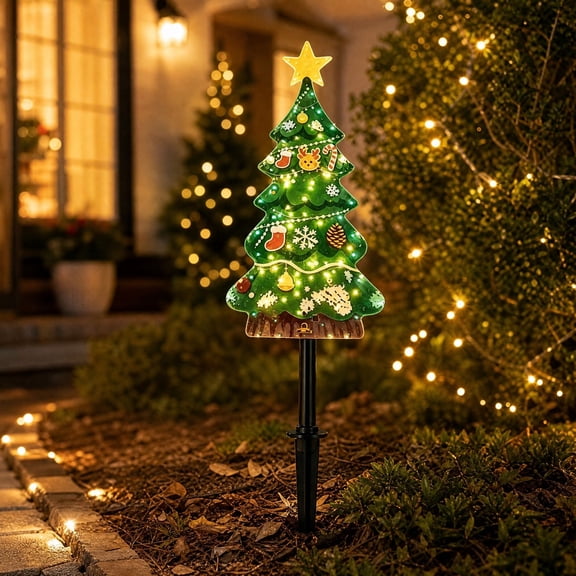 Ywbawe 21in Solar Christmas Tree Stake Light Waterproof Outdoor Garden Yard Patio Decor Warm White LED Holiday Season