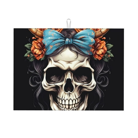

Tebeau Bow Flower Skull Print Dish Drying Mat for Kitchen Counter Dish Drying Pad with Non-slip Rubber Backed Hide Stain Anti Absorbent for Kitchen Counter Drying Mat