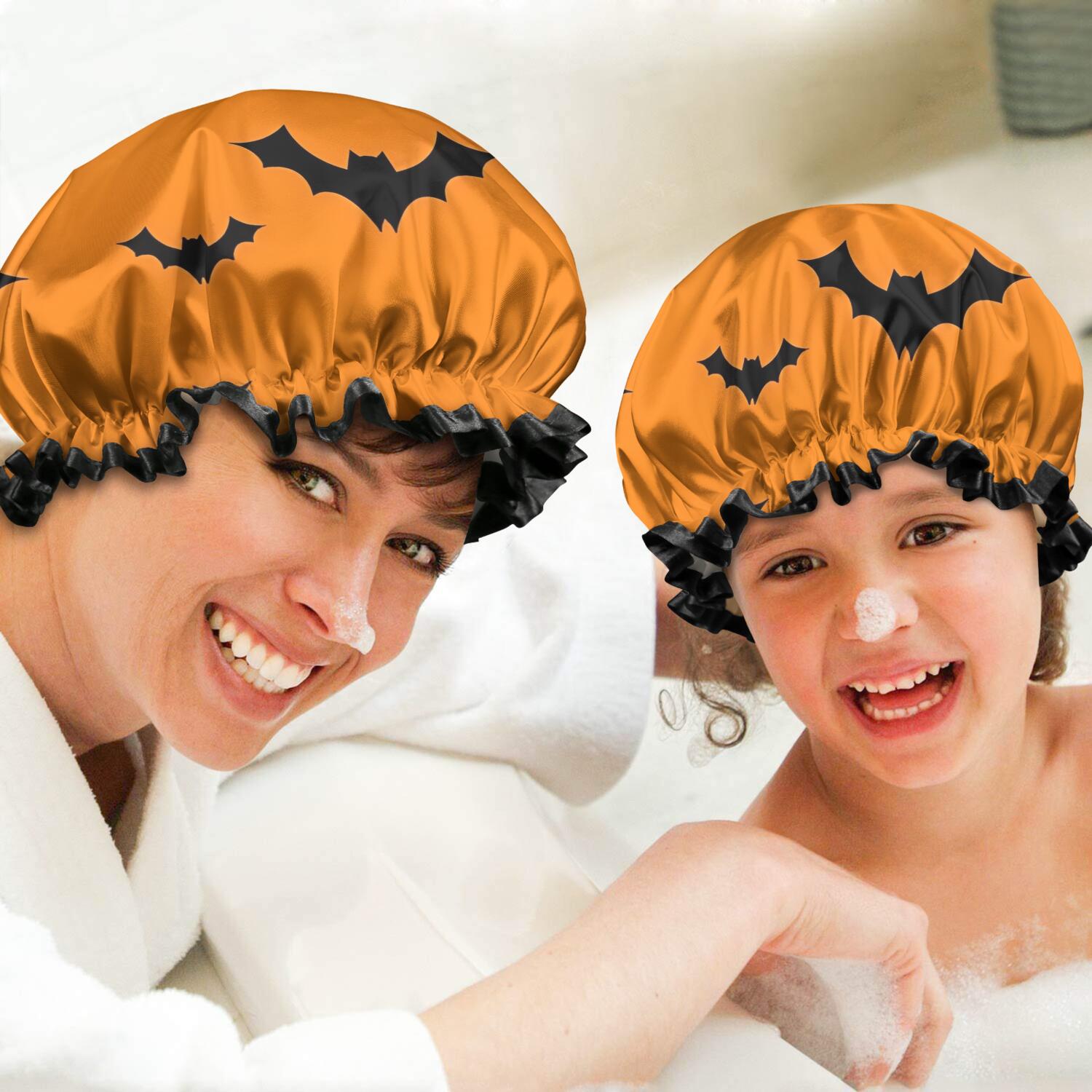 Shower Caps,Orange Halloween Bats Waterproof Shower Cap for Women 4 Pieces,Double Reusable Hair Cover for Shower PEVA Elastic Stretch Hem