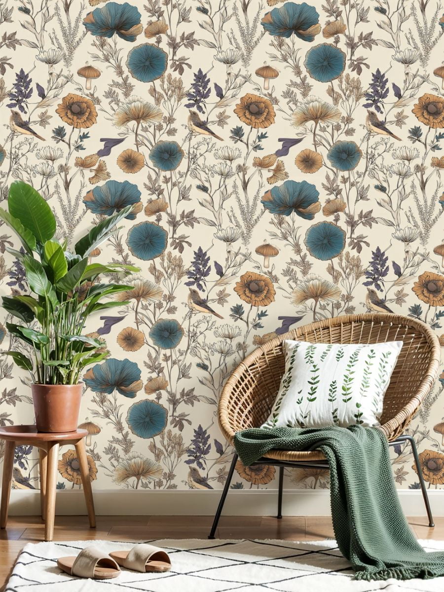 Vintage Peel and Stick Wallpaper Botanical Floral Birds Mushrooms Muted Colors Wall Mural 17.7in x 9.8ft Self Adhesive Removable Wall Paper Renter Friendly Wallpaper for Nursery Bedroom Cabinets