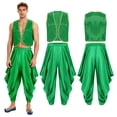 thumbnail image 6 of Aislor Men Character Arabian Prince Vest Outfits Open Front Waistcoat Top With Harem Pants Set Green XL, 6 of 7