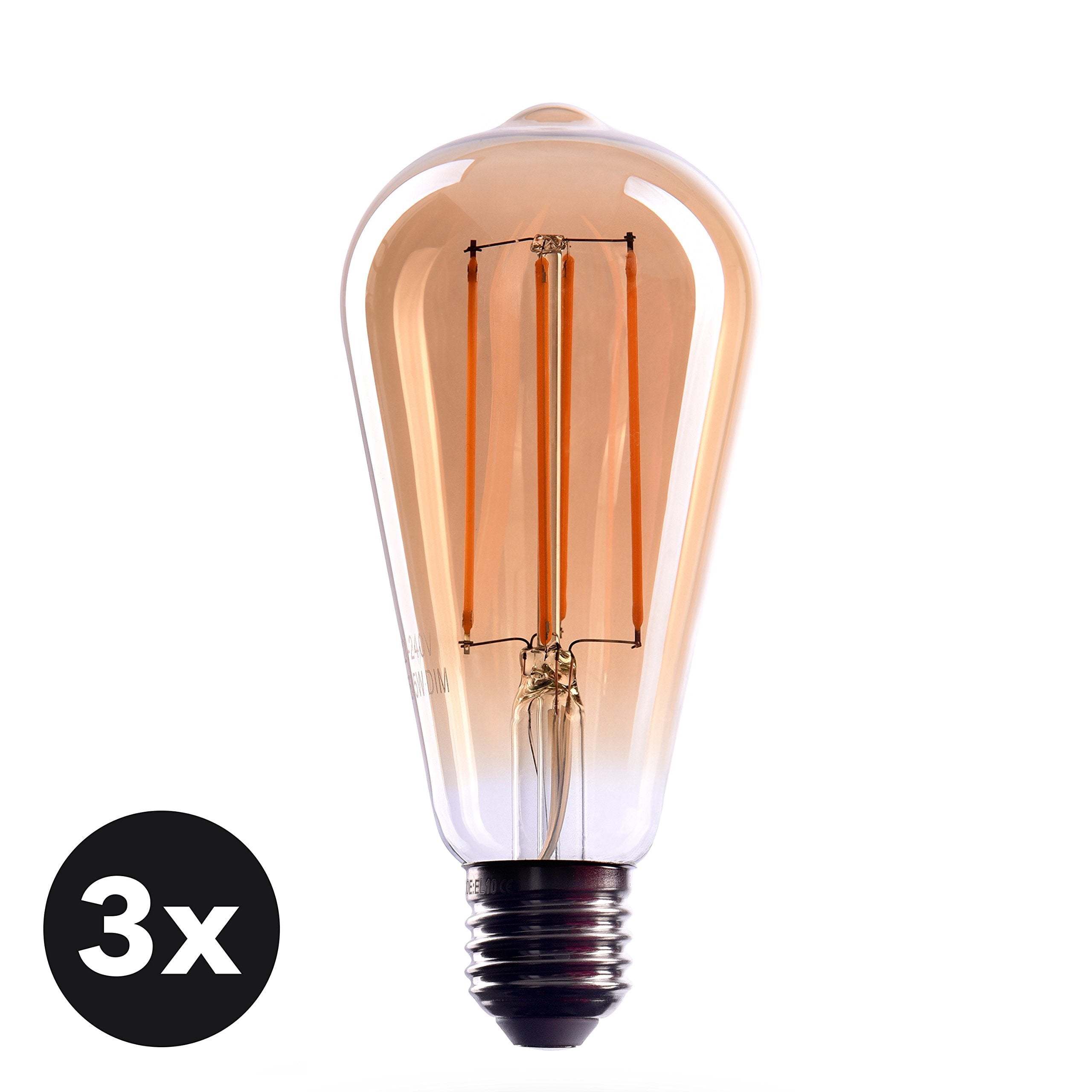 CROWN LED Warm White 3 Piece Pack of 3 Edison Bulbs, E26 Base, Dimmable, 40W Equivalent, 2000K Vintage Filament Lamps
