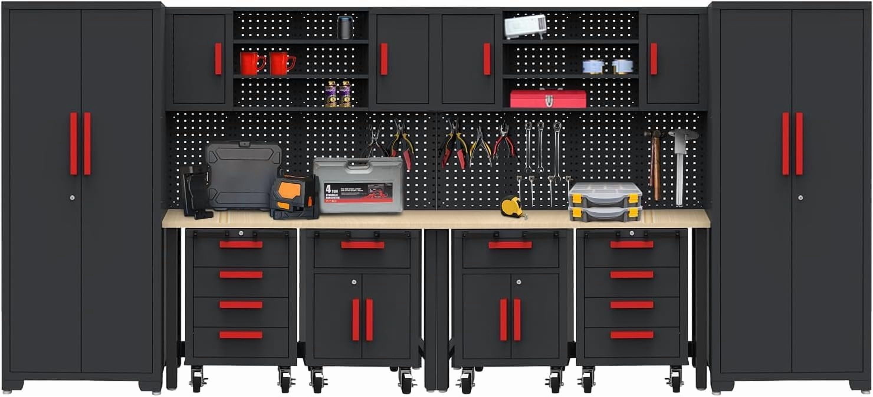 HPDMC Garage Cabinets Storage System，12PCS Workshop Set with Steel Cabinet Drawers, Rolling Chest, Workbench, Pegboard for Tool Organization