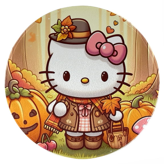 Hello Kitty Thanksgiving halloween Round Rug Washable Circle Rug Non Slip Round Doormat Anime Printed Flannel Round Entryway Rug Floor Carpet Round for Entrance, Entryway, Bedroom 23.6 Inch