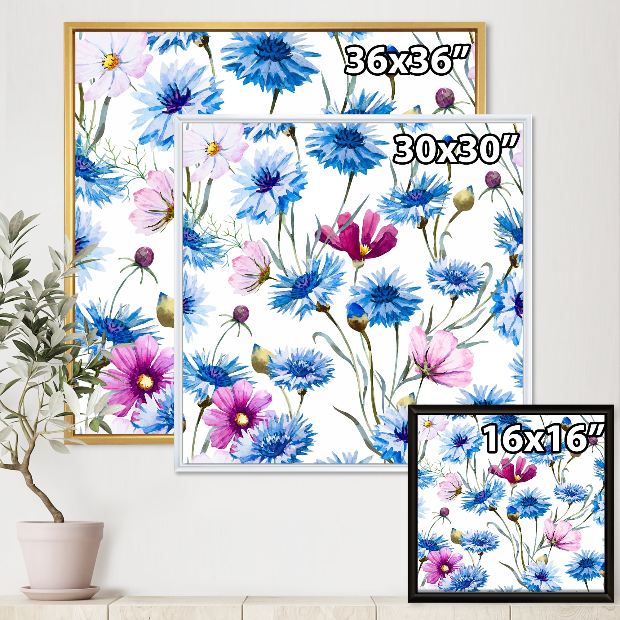 Designart 'Pink and Blue Wild Cornflowers' Traditional Framed Canvas Wall Art Print