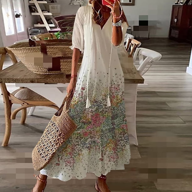 WILLBEST Vestidos de Verano para Mujer Nuevo Vestido de Mujer de Manga Media y Larga con Borlas Estampado Bohemio Ancho Cuello En V Largo Mediana