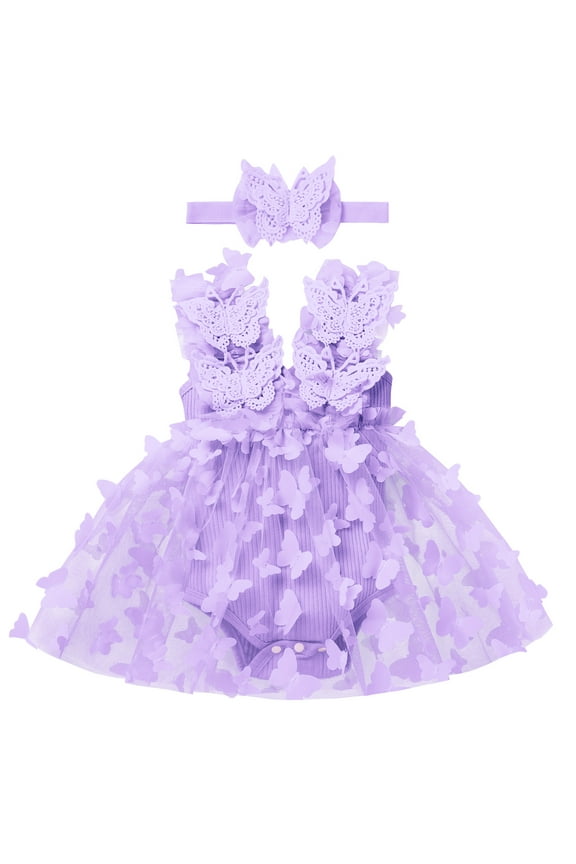 Newborn Baby Girl 1st Birthday Outfit Butterfly Lace Tulle Romper Dress with Headband Cake Smash Photo Shoot