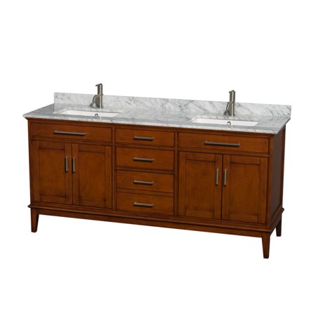 Wyndham Collection Hatton 72 inch Double Bathroom Vanity in Light Chestnut, White Carrera Marble Countertop, Undermount Square Sinks, and No Mirror