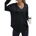 thumbnail image 4 of NFTOEIULA Women V Neck Long Sleeve Chest Pocket Curved Hem Waffle Drawstring Hoodie, 4 of 7