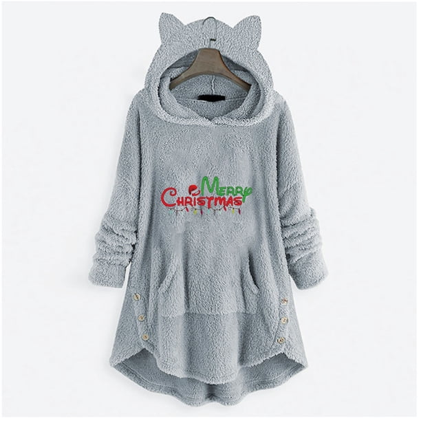 Pntutb Mujer Casual Navidad Impresión Botones De Felpa Manga Larga Con Capucha Abrigo De Felpa Top Pntutb Pntutb-4303
