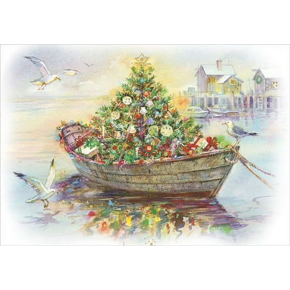 Red Farm Studios Boat Carrying Decorated Gold Foil Accented Tree Box of 15 Nautical Christmas Cards