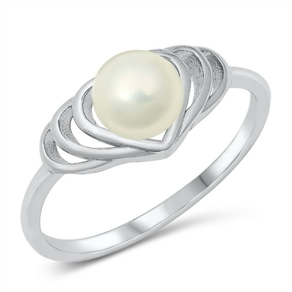 Simulated Pearl Center Designer Ring Sterling Silver Size 6