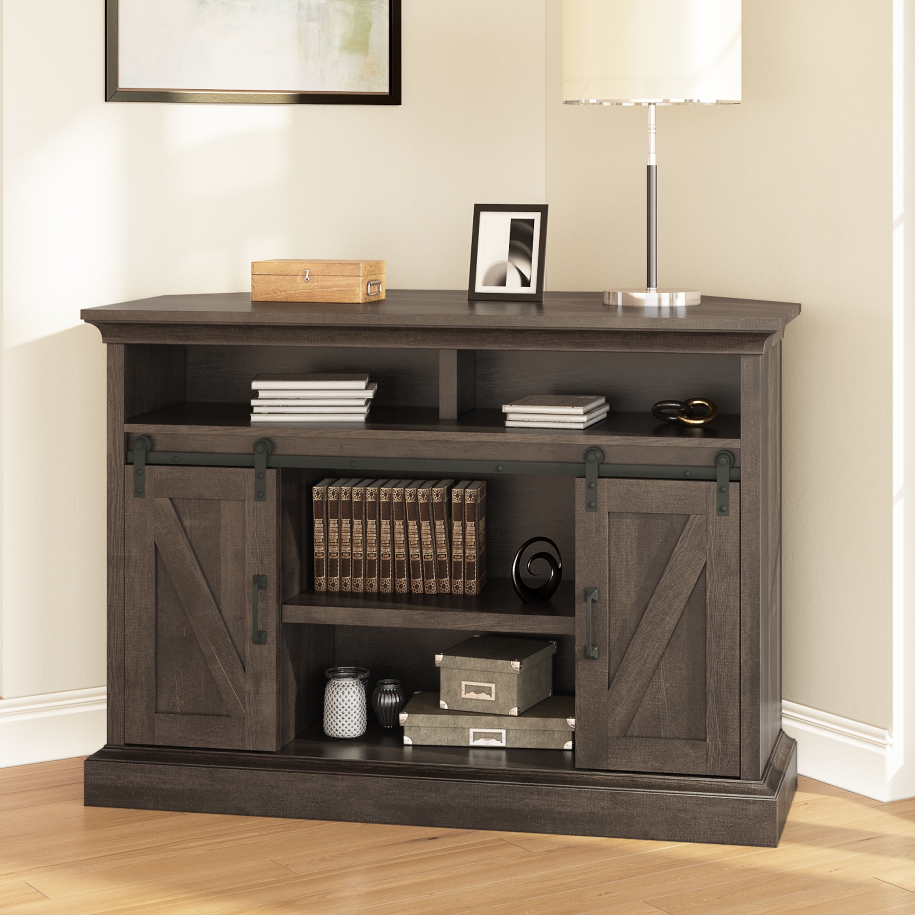 Whalen Furniture Allston Barn Door Corner TV Stand for TVs up to