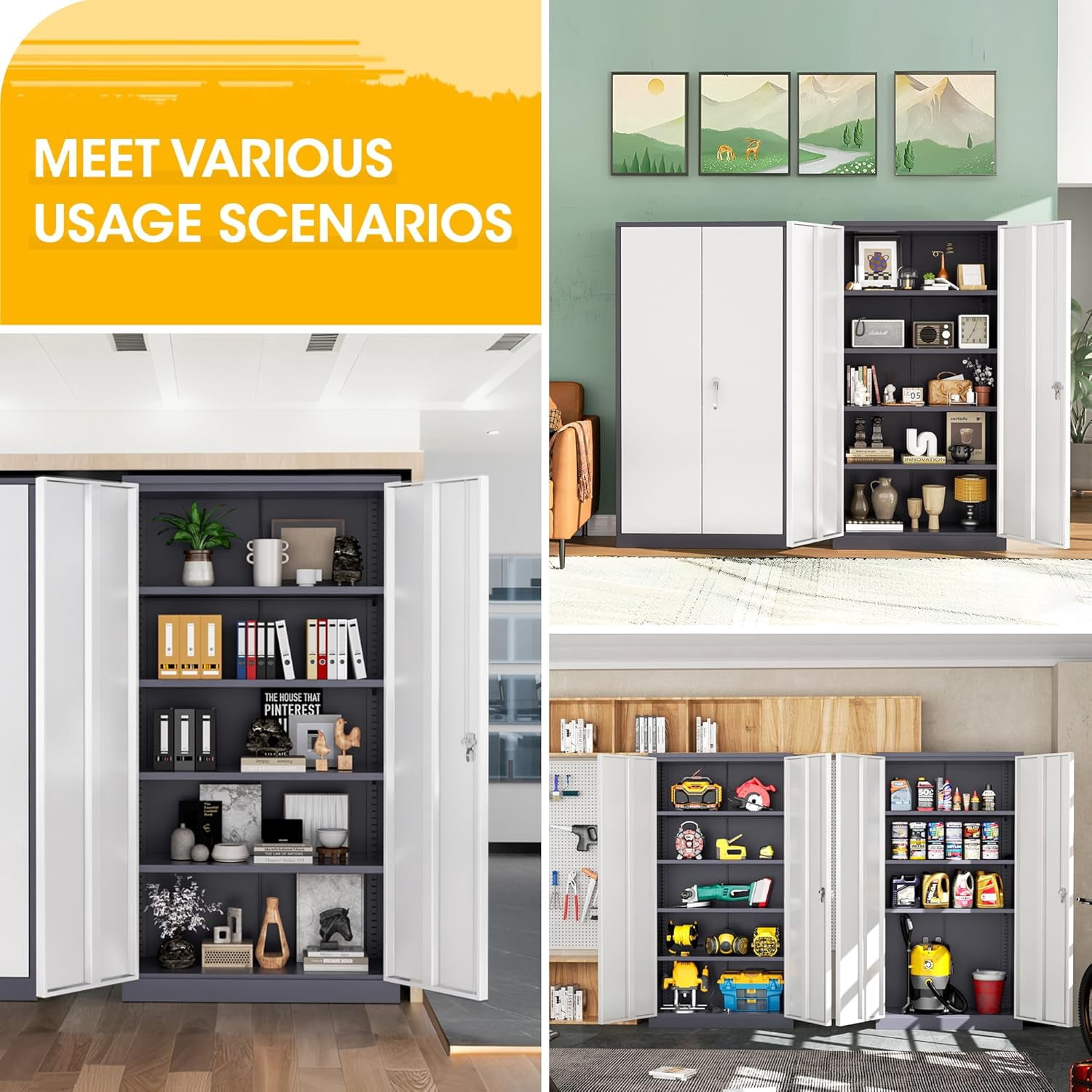 SOLAURA 72"H Metal Garage Storage Cabinet with Locking Doors and Adjustable Shelves for Home, Office(Gray White)
