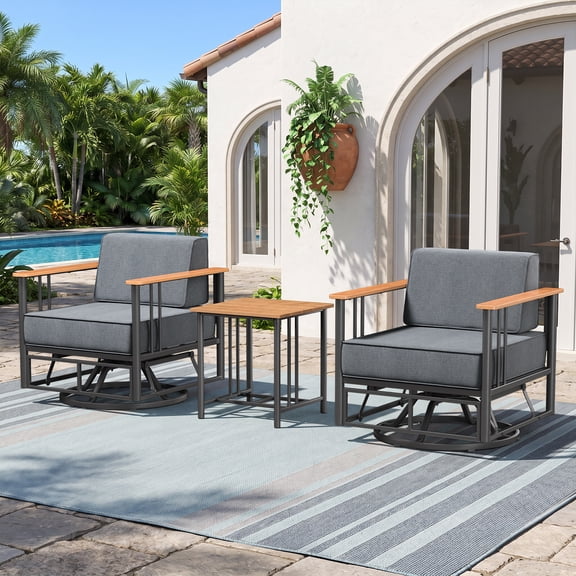 PARKWELL 3-Piece Outdoor Swivel Glider Chair with Side Table,Patio Oversized Metal Club Swivel Rocker Lounge Chairs with Luxury 6-Inch Thick Cushions for Front Porch Deck,Black/Dark Gray