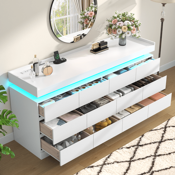 12 Drawer Dresser with Power Outlet & LED Light, White Faux Leather Chest of Drawers with 12 Storage Compartments, Double Wide Organizer Cabinet for Bedroom & Closet