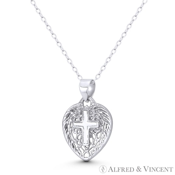 Latin Cross on Filigree Heart Charm 22x15mm (0.9x0.6in) Pendant & Chain Necklace in Oxidized .925 Sterling Silver