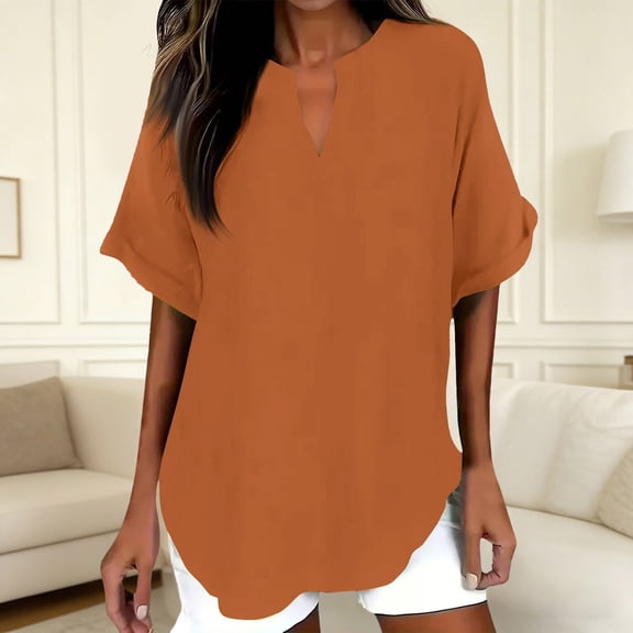 CUSTG Casual Blouses For Women Simple Summer Short Sleeve Shirts V Neck Solid Color Tunic Blouses Tee Trendy Tops