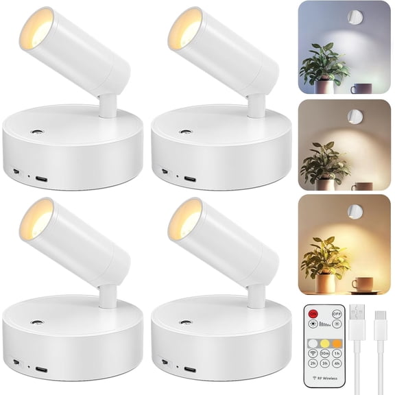 Spot Lights Indoor, Wireless LED Spotlight, Uplighting Indoor with Remote and Dimmable, Accent Lighting for Plants, Picture, Battery Operated Wall Light (White 4 Pack)