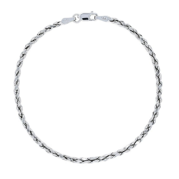 Nuragold 10k White Gold 2.5mm Rope Chain Diamond Cut Bracelet or Anklet (7"-9") Italian Jewelry for Men & Women