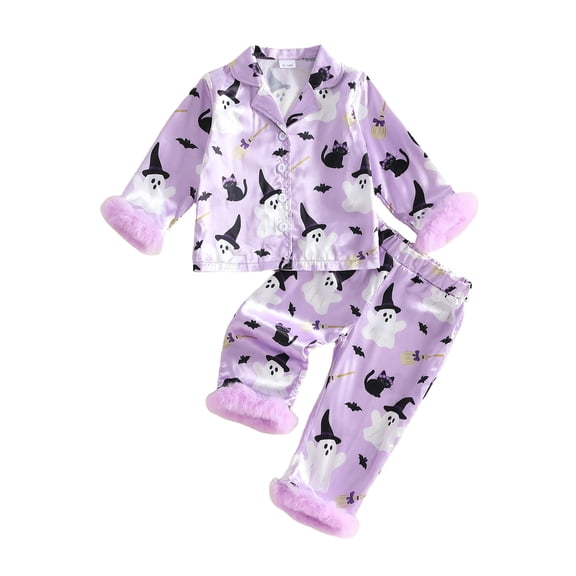 RUINIXCW Kids Toddler Baby Girl Halloween Silk Stain Pajamas Set Fall Sleepwear Ghost Print Fur Cuffs Long Sleeve Button Down Shirt and Pants Set Homewear Loungewear 1-8 Years
