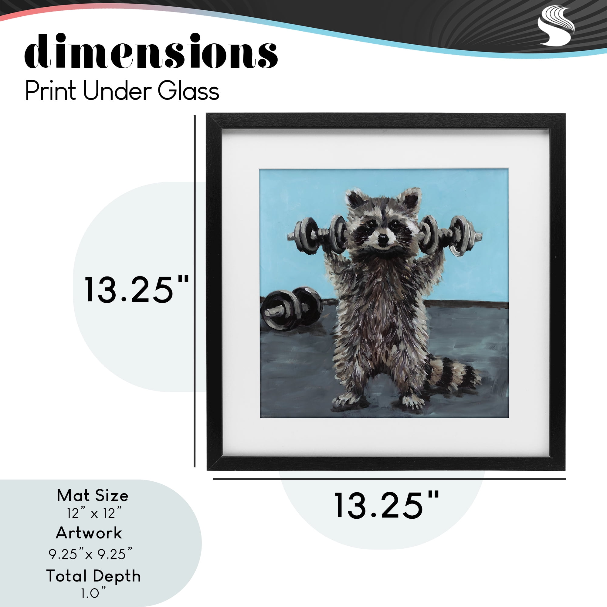 Fitness Raccoon with Weights Black Framed Print Under Glass, design by Studio Bautista