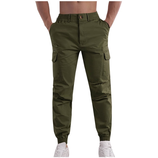Pants for Men, Mens Fashion Casual Solid Color Cargo Pockets Elastic Rope Waist Casual Cargo Pants Full Length Pants